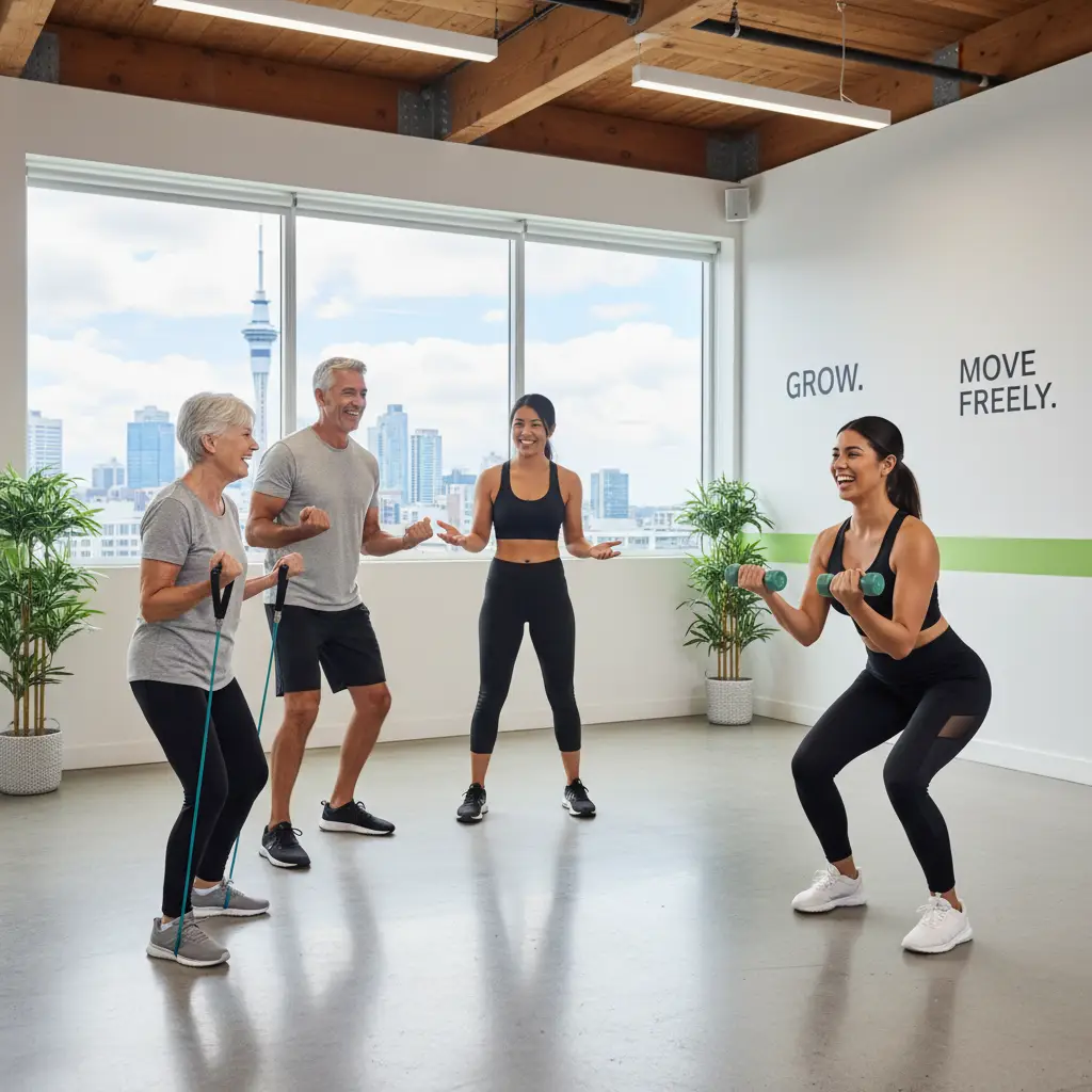 Diverse group enjoying small group fitness training in Auckland