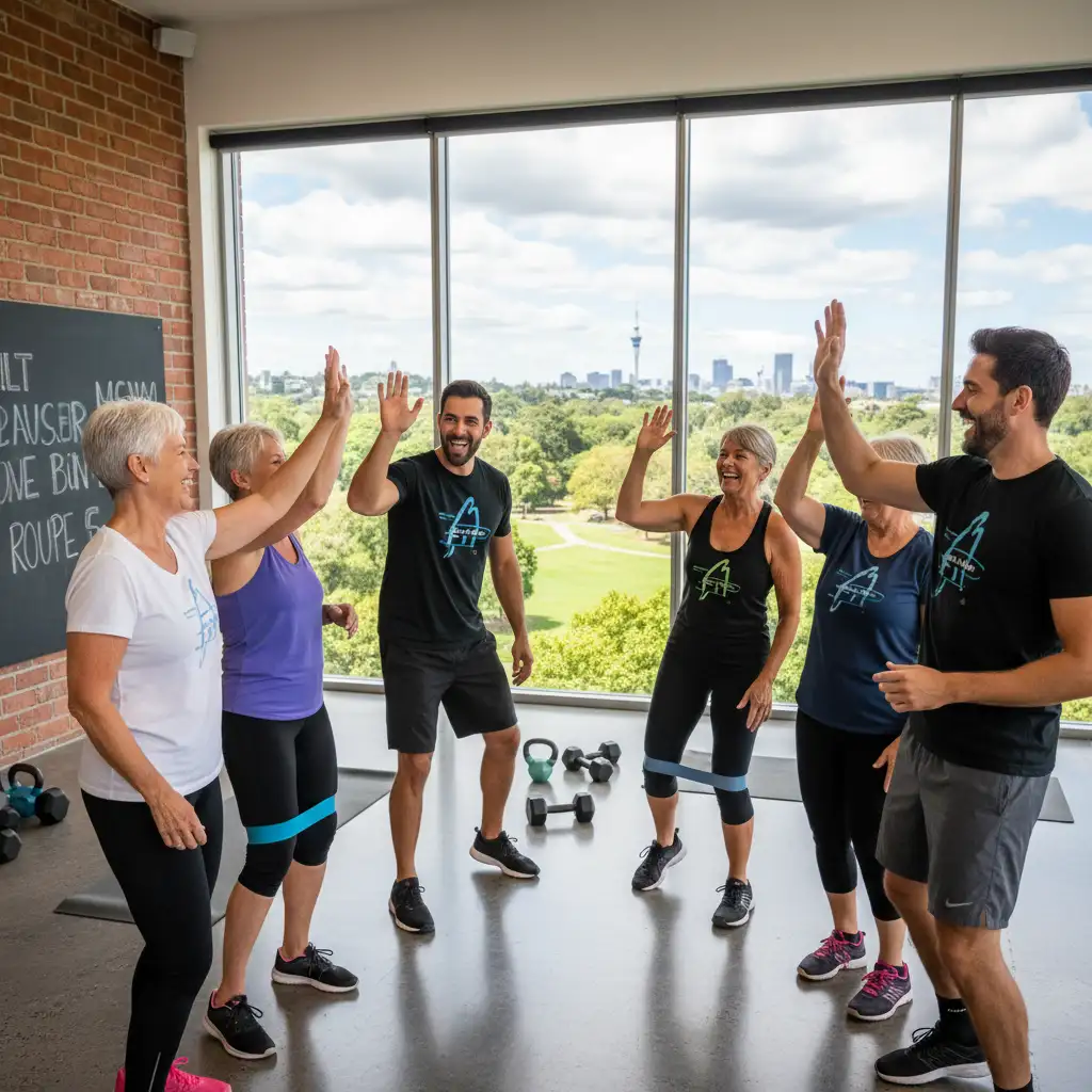 Diverse group motivating each other in Auckland small group fitness