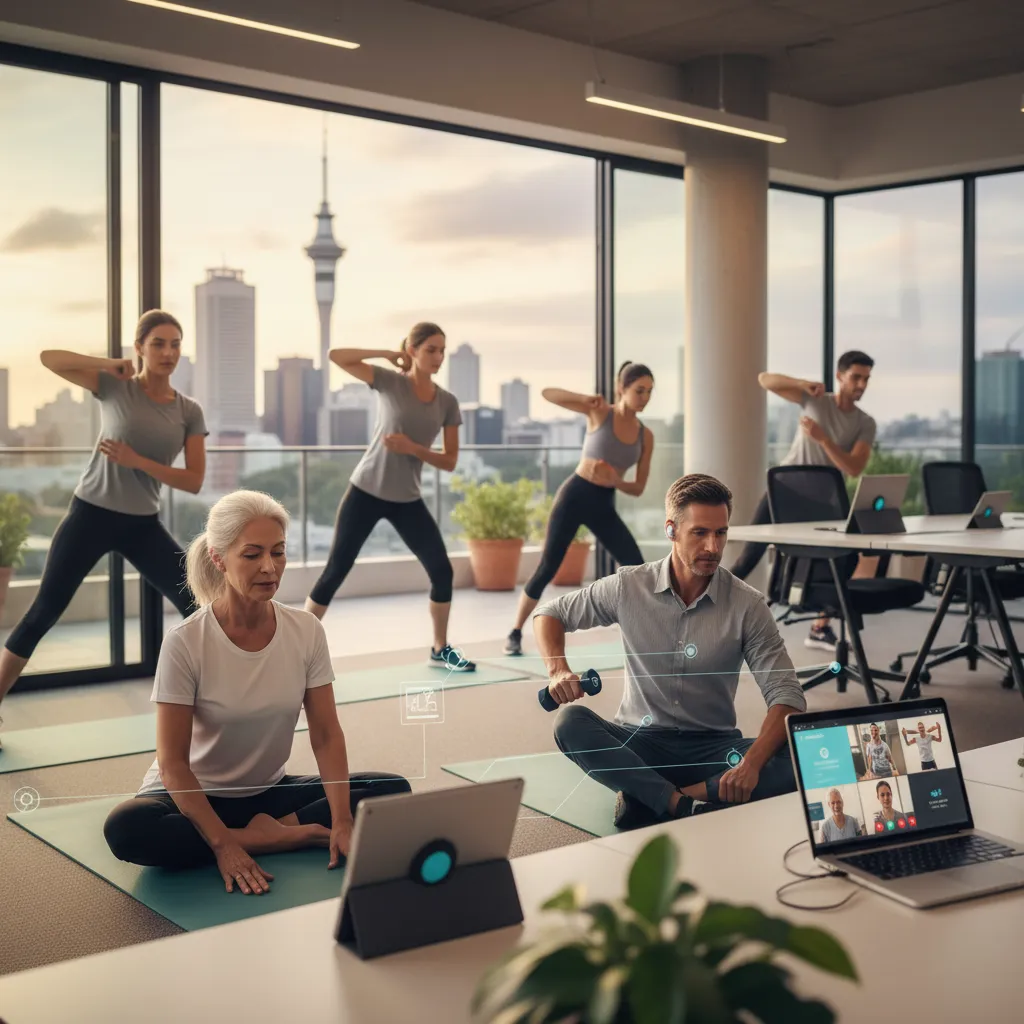 Online personal trainer NZ clients working out remotely with Auckland city background