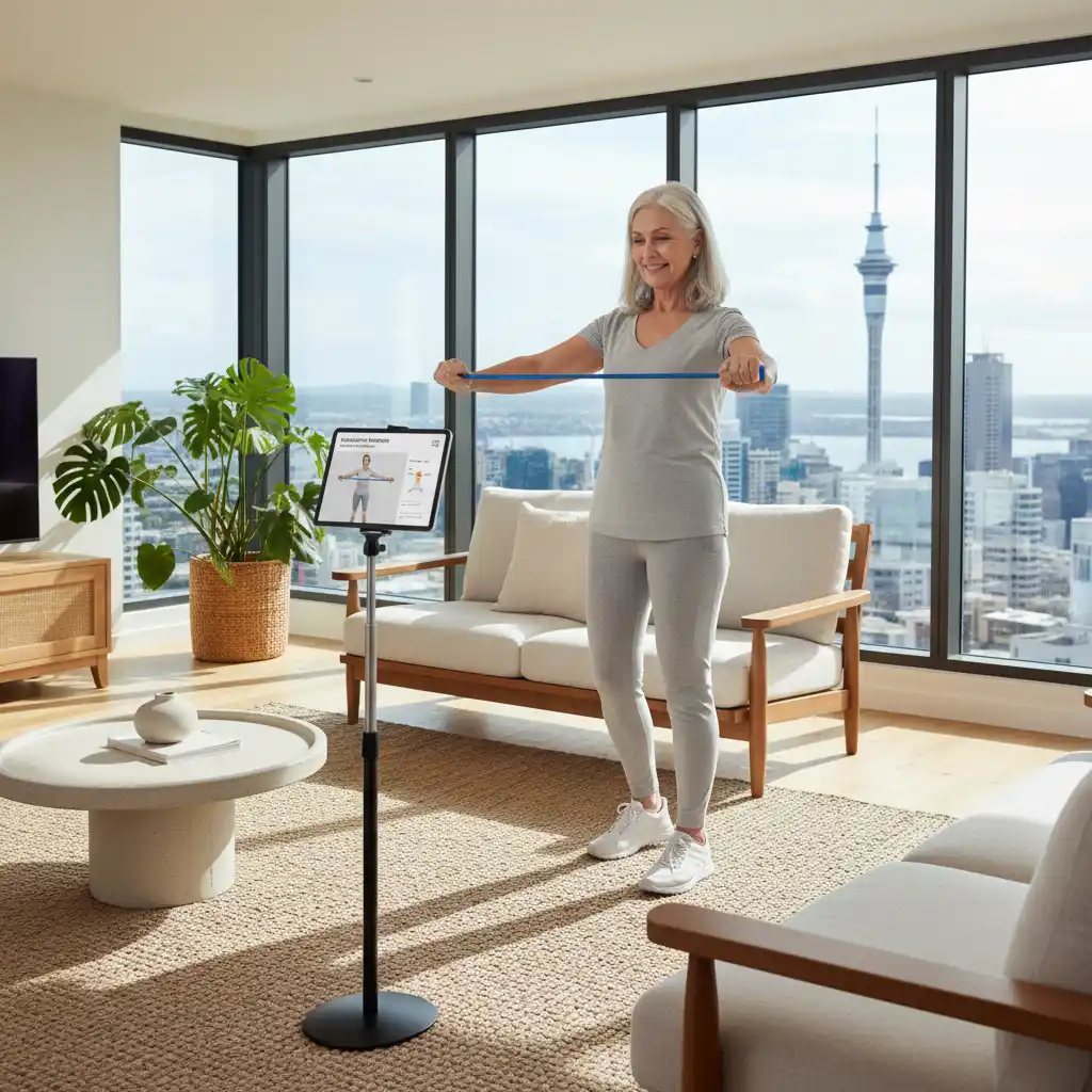Senior woman in Auckland doing online personal training exercises at home