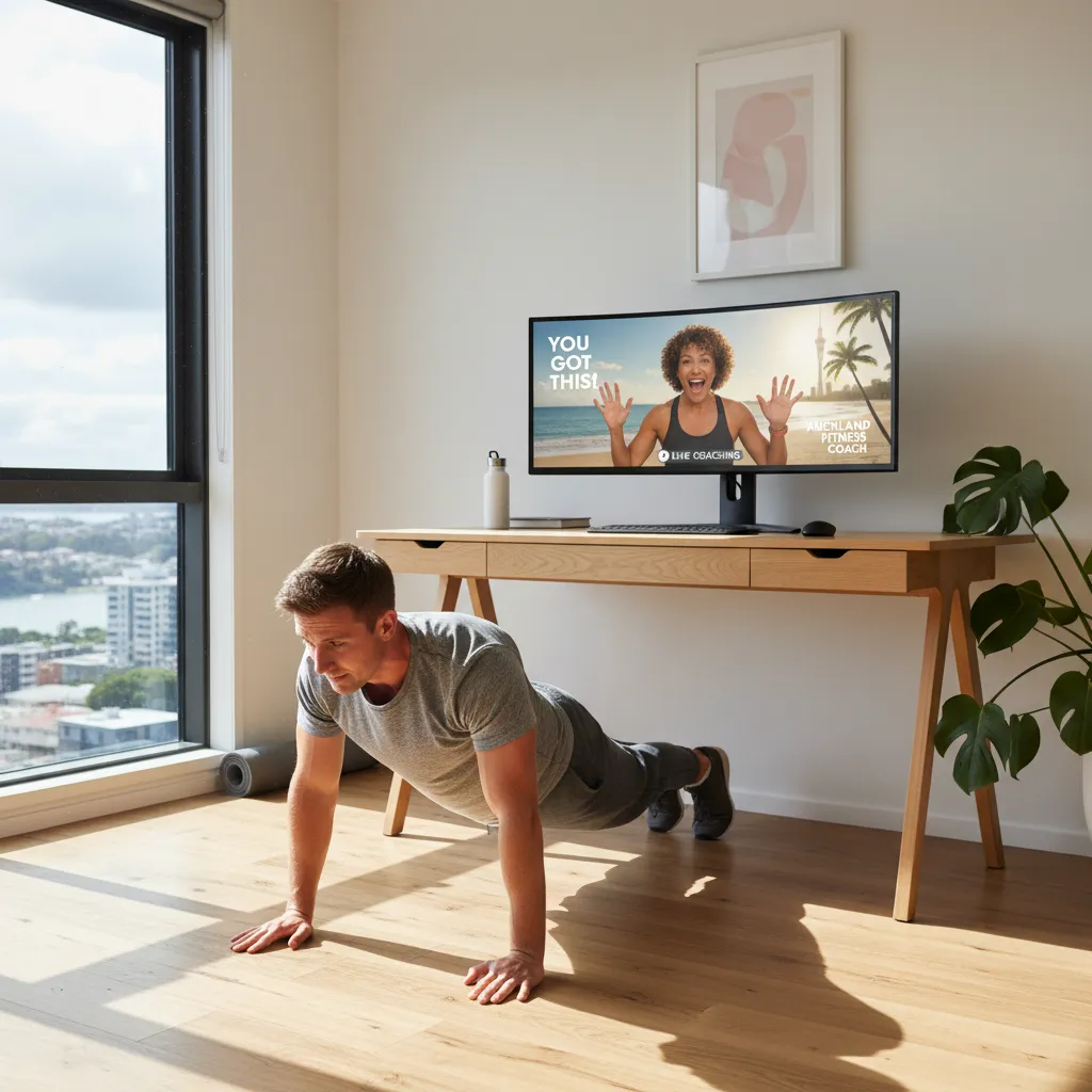 Mobile professional receiving online personal training from an NZ coach