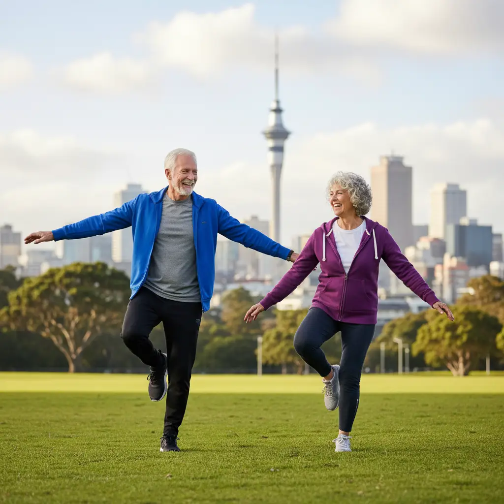 Seniors doing balance exercises in an Auckland park