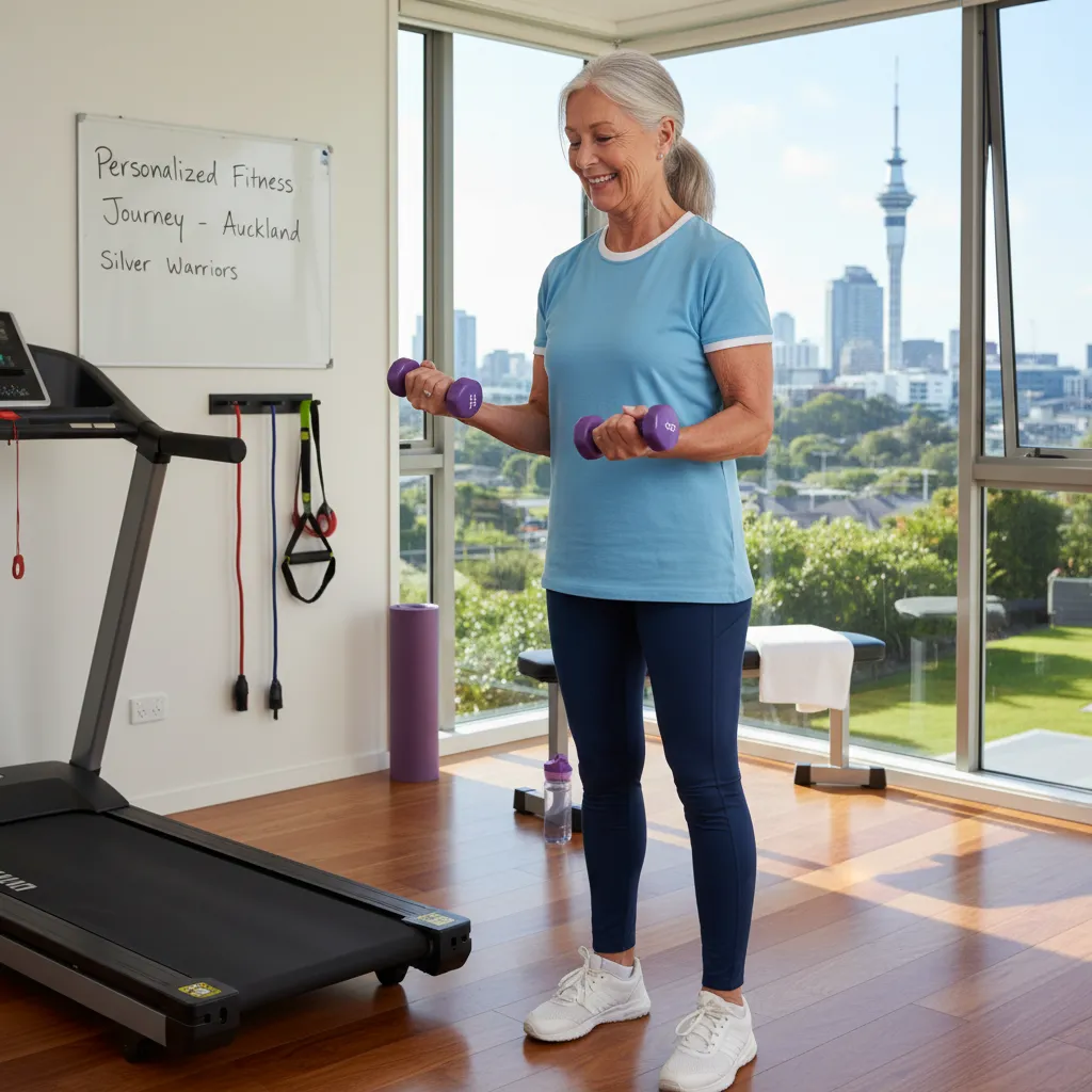 Older woman safely performing bicep curls at home in Auckland