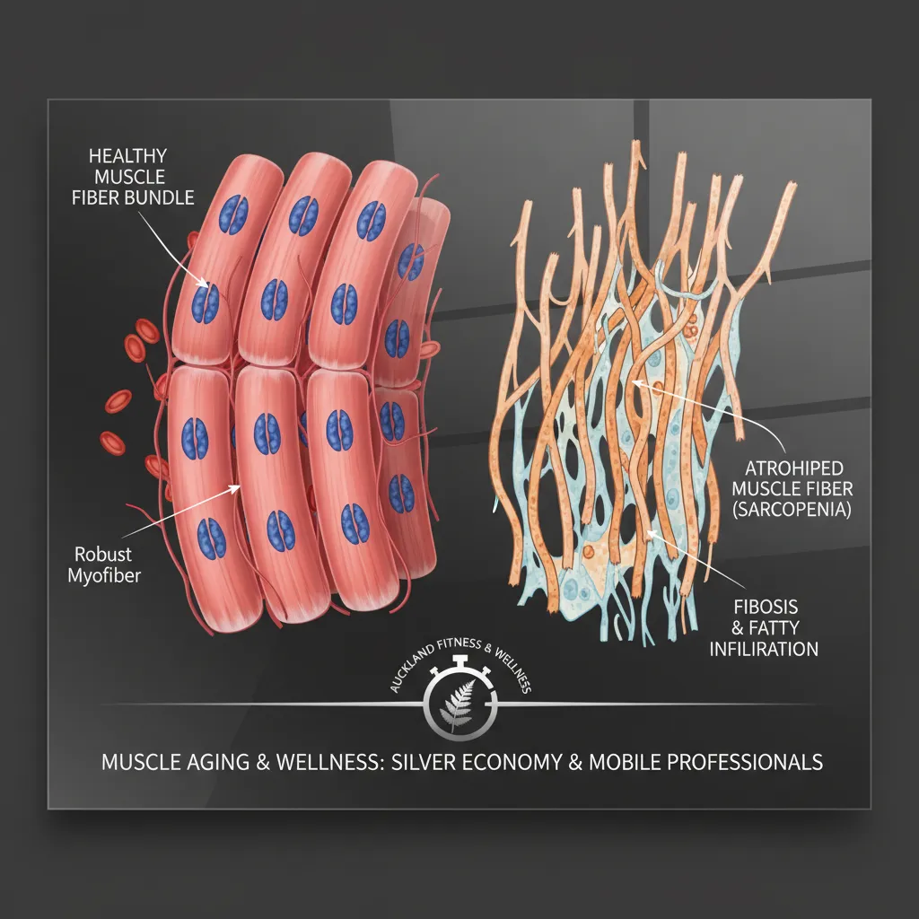 Illustration showing muscle loss (sarcopenia) vs healthy muscle for seniors