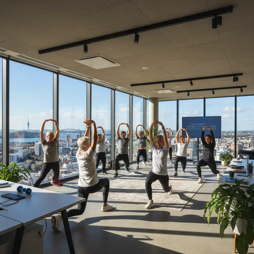Auckland workplace fitness program participants engaging in light exercise
