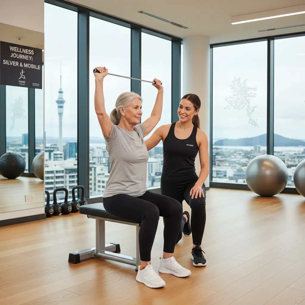 Senior doing safe post-rehab exercise in Auckland with a personal trainer