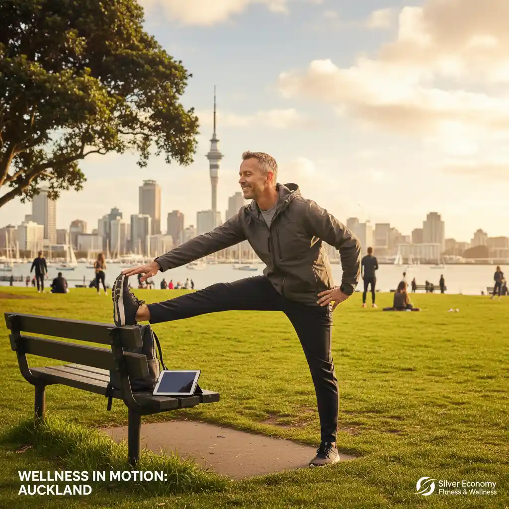 Mobile professional doing injury prevention stretches in Auckland park