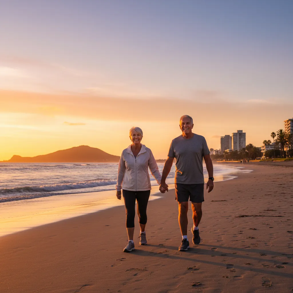 Happy senior couple practicing injury prevention exercise Auckland beach walk