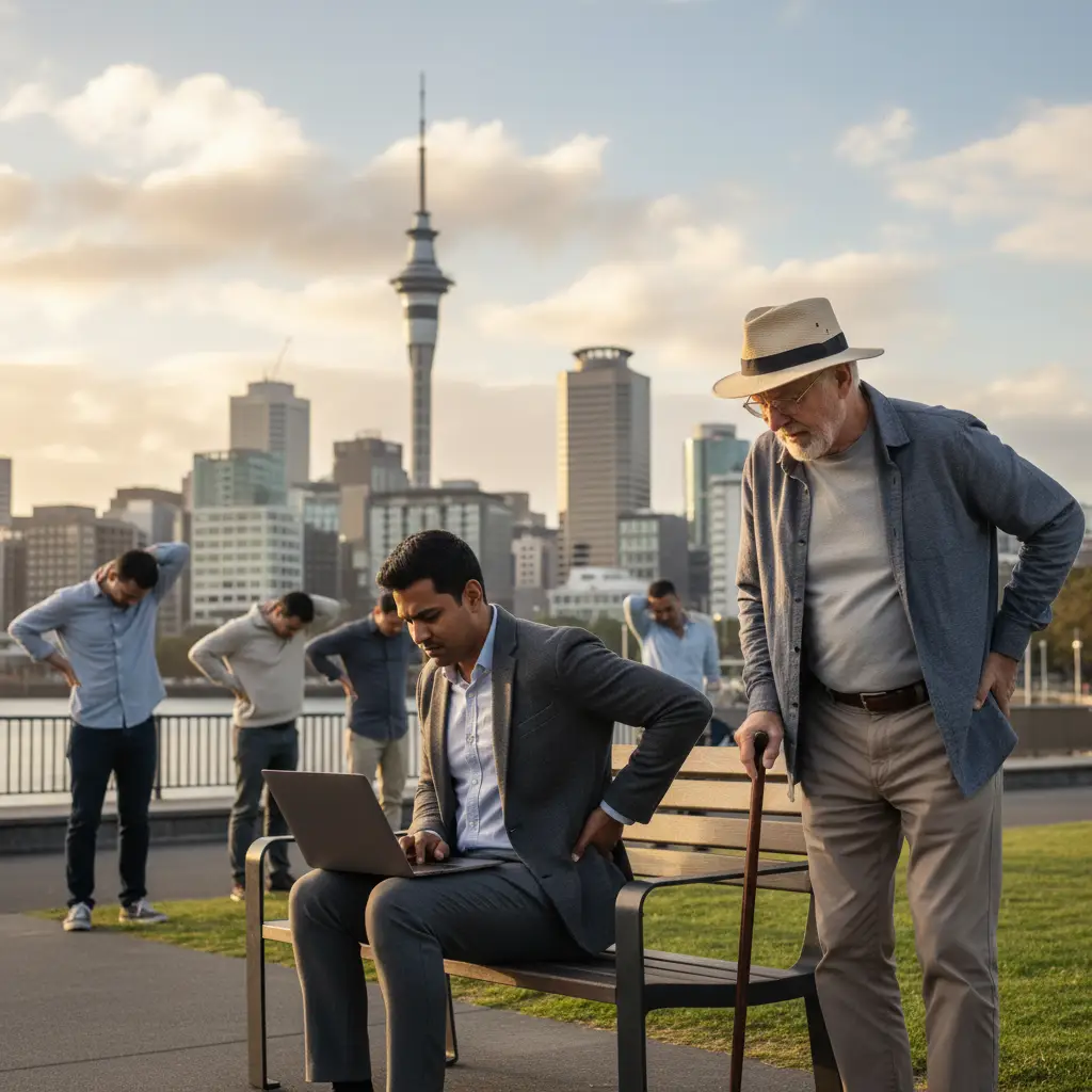 Aucklanders experiencing lower back pain, illustrating common causes like sitting or lifting