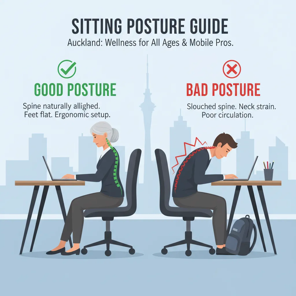Infographic demonstrating proper sitting posture for back pain prevention, relevant to Auckland's mobile professionals