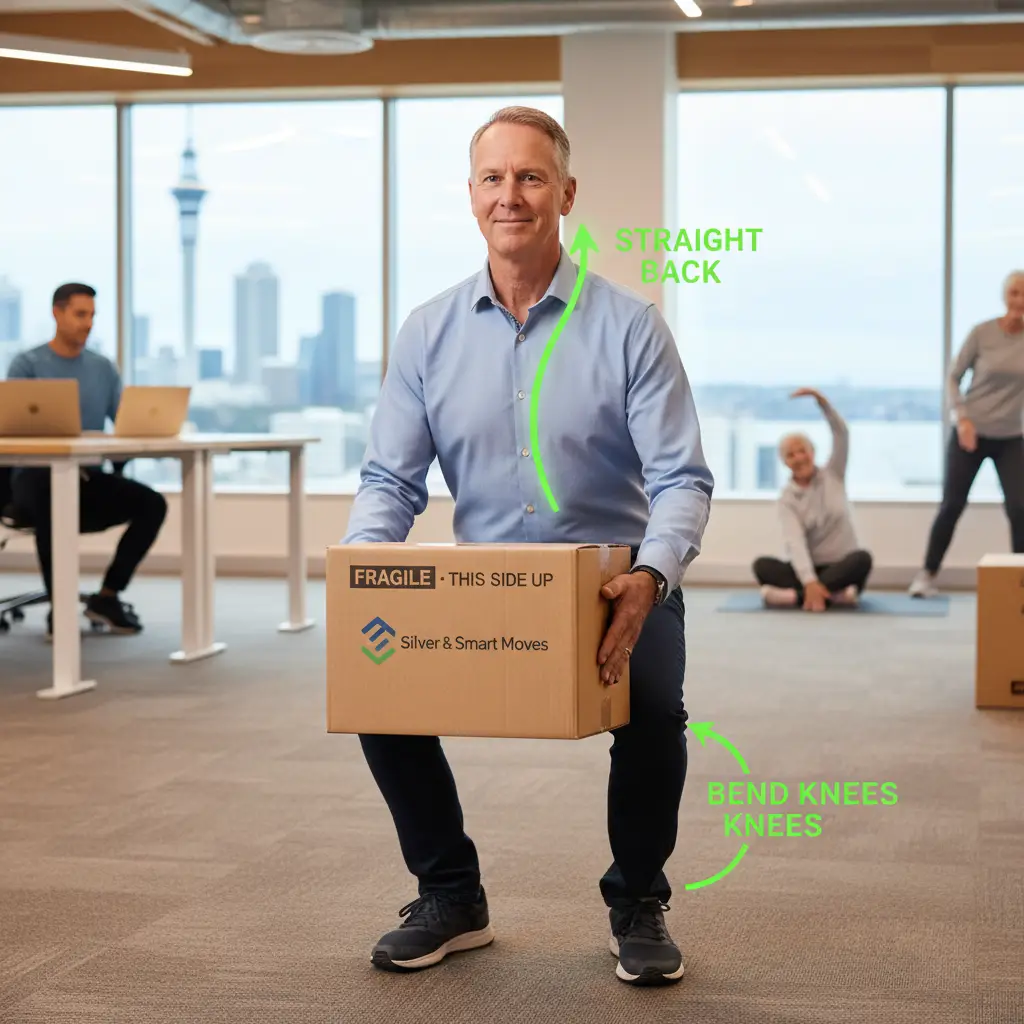 Demonstration of safe lifting technique to prevent lower back pain, an important aspect of back pain exercise programs Auckland