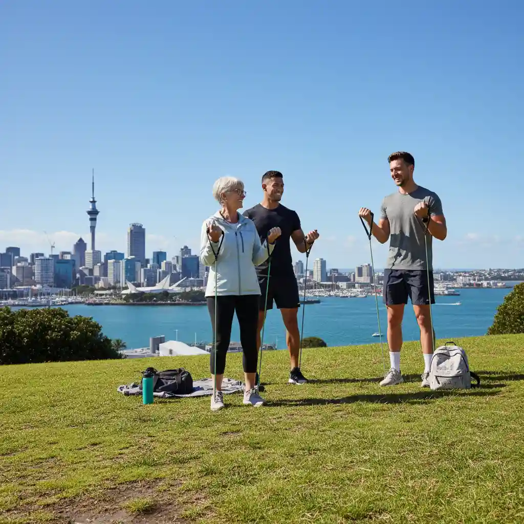Older adults and mobile professionals doing exercise for chronic conditions in Auckland with a coach