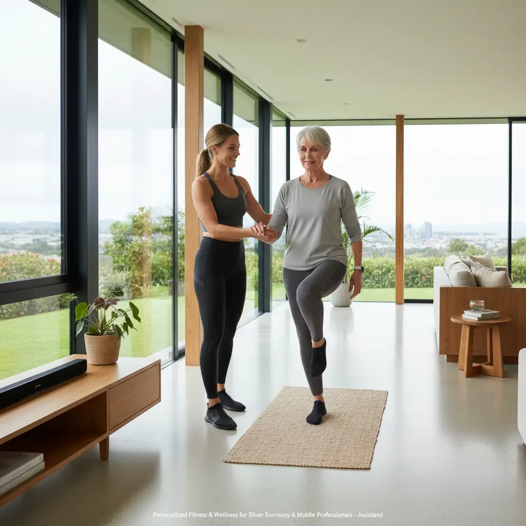 Gentle personal trainer Auckland helping senior with balance