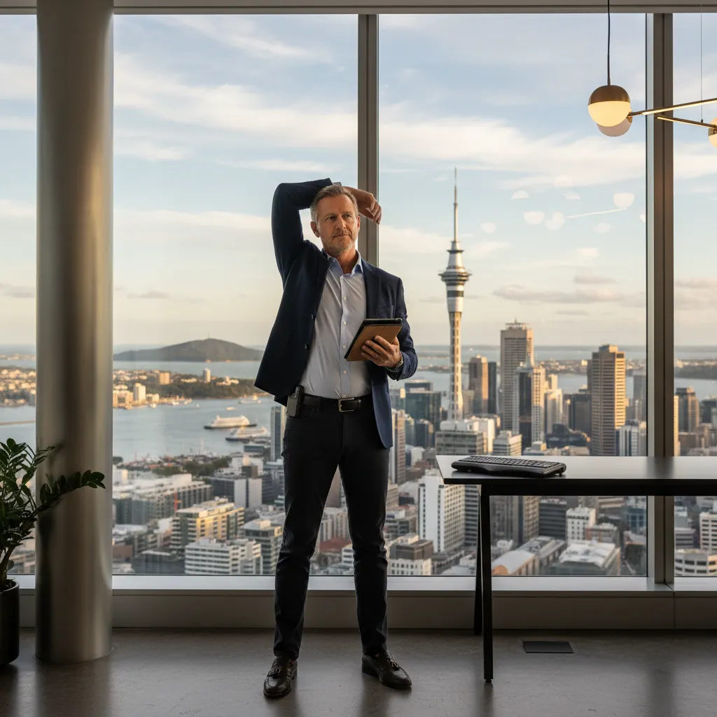 Mobile professional doing gentle stretches in Auckland