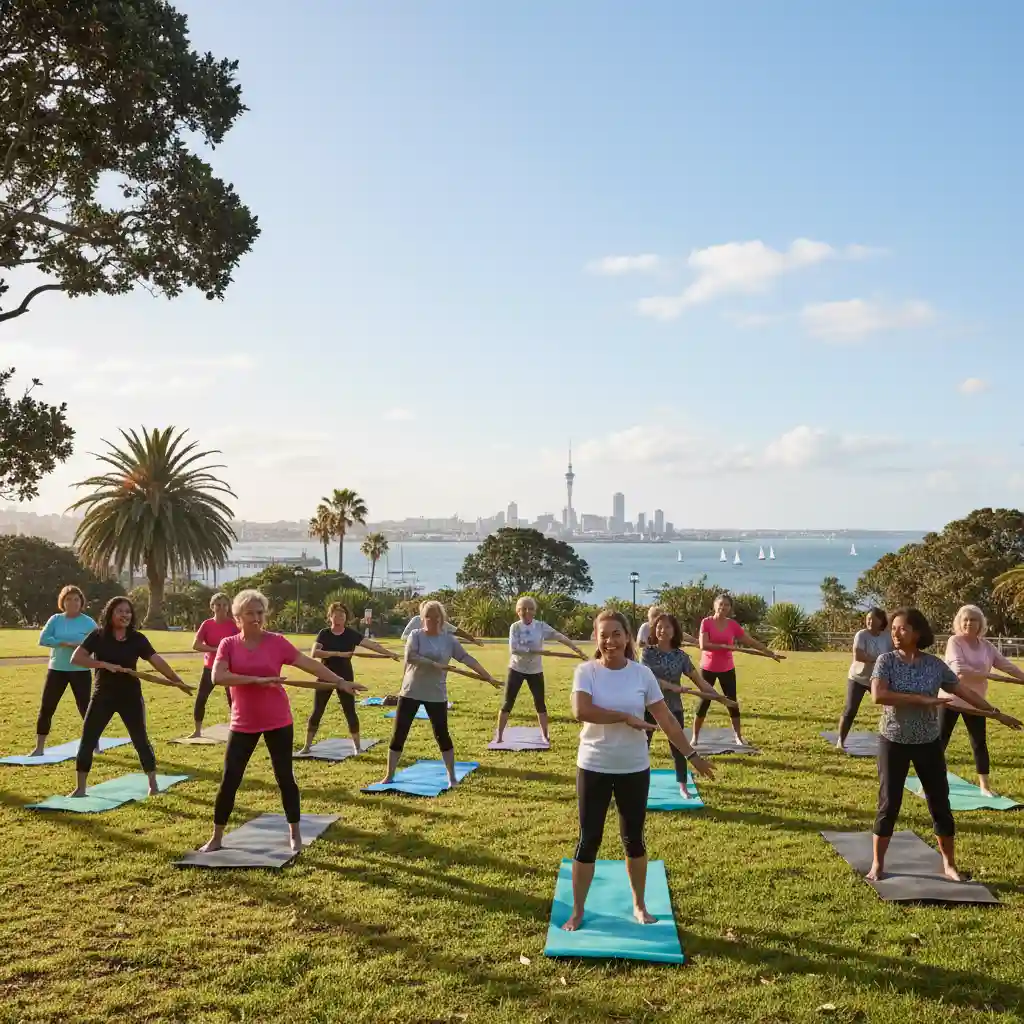Seniors and diverse group doing mindful exercise Auckland park