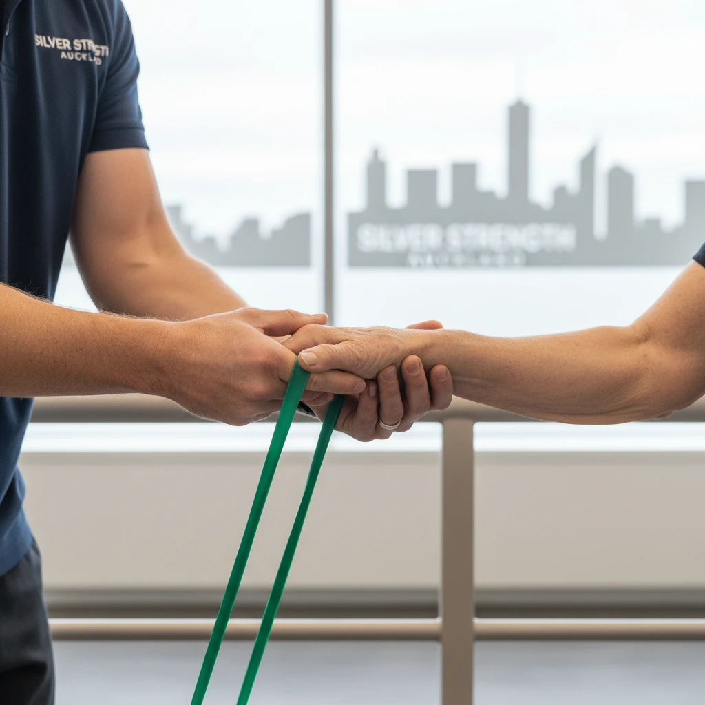Trainer demonstrating gentle resistance exercise with client's hand