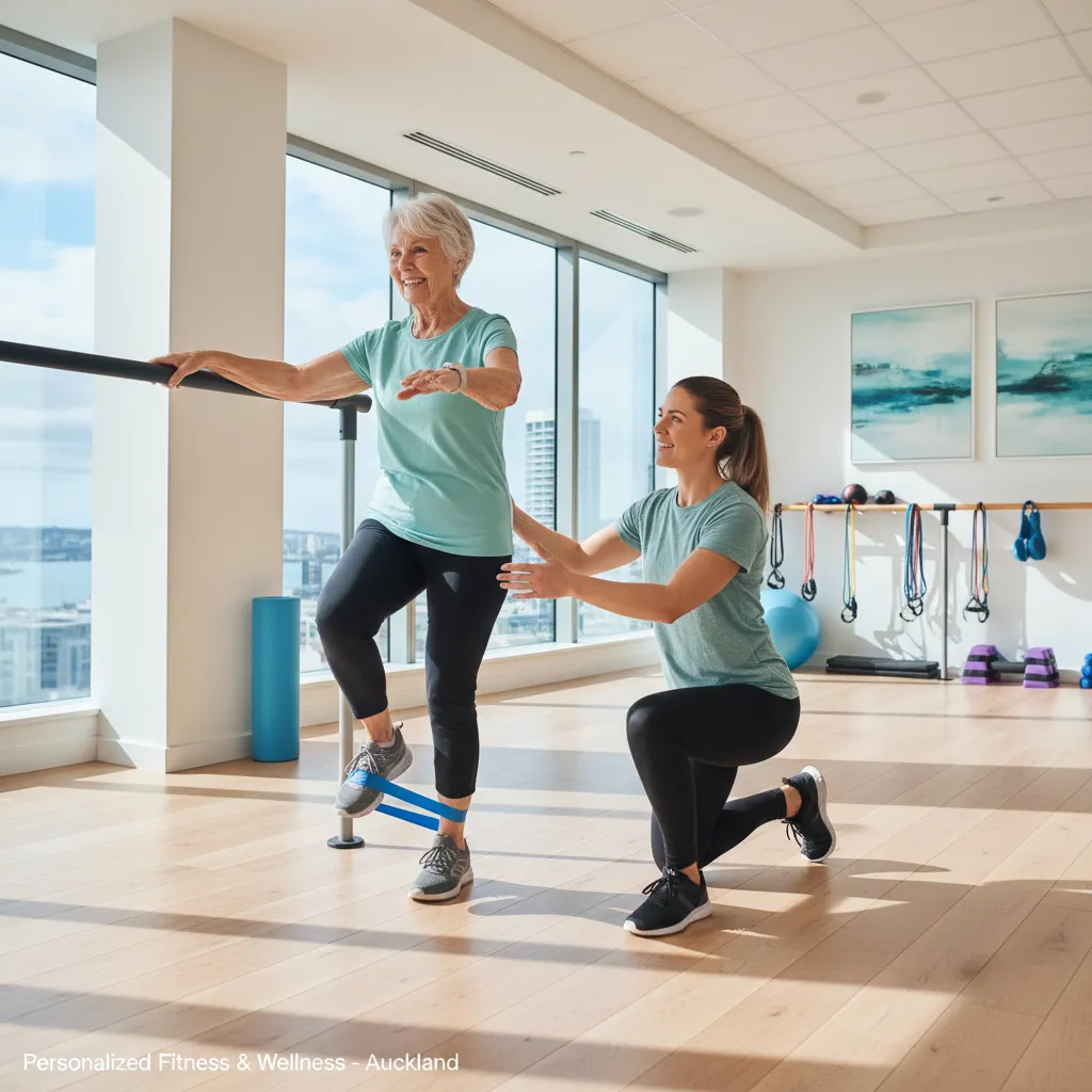 Senior client improving balance with an injury rehab trainer in Auckland