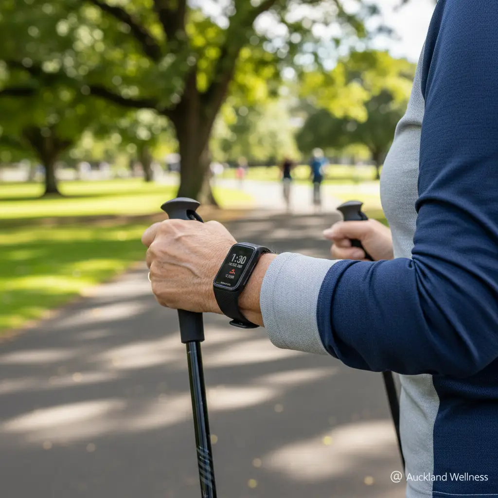 Garmin Vivosmart 5 on senior's wrist walking