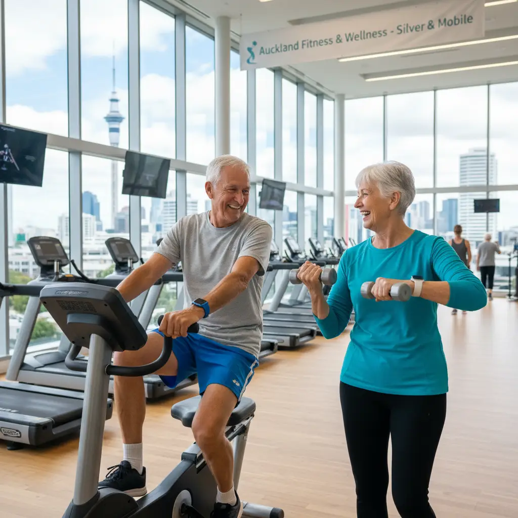 Senior couple exercising with fitness trackers