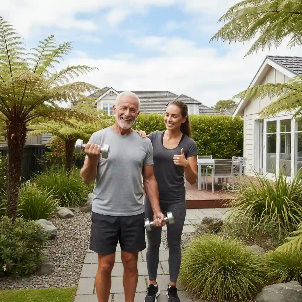 Silver economy client exercising with mobile trainer Remuera