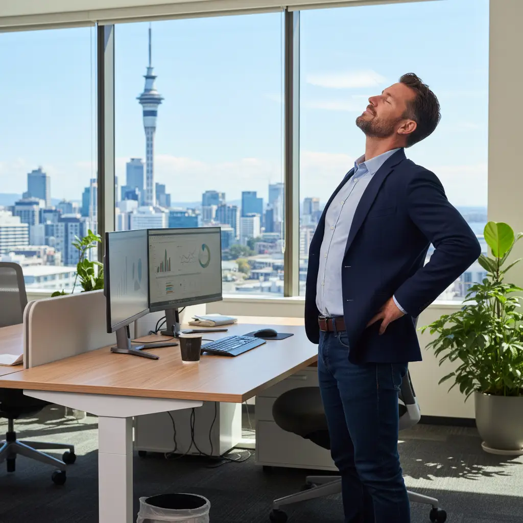 Mobile professional taking a back stretch break at a desk