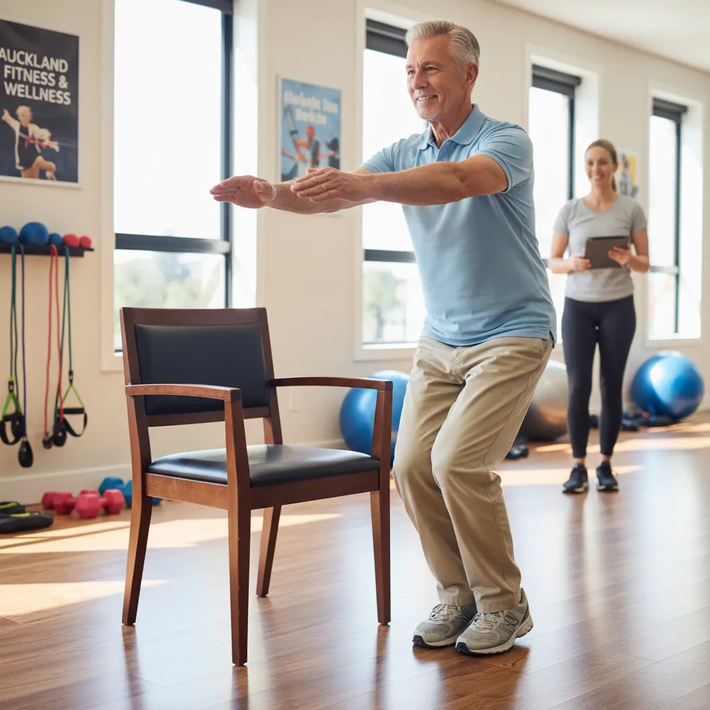 Senior man doing chair stands for leg strength and arthritis management