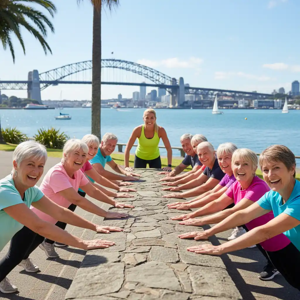 Auckland seniors doing wall push-ups for upper body strength with arthritis