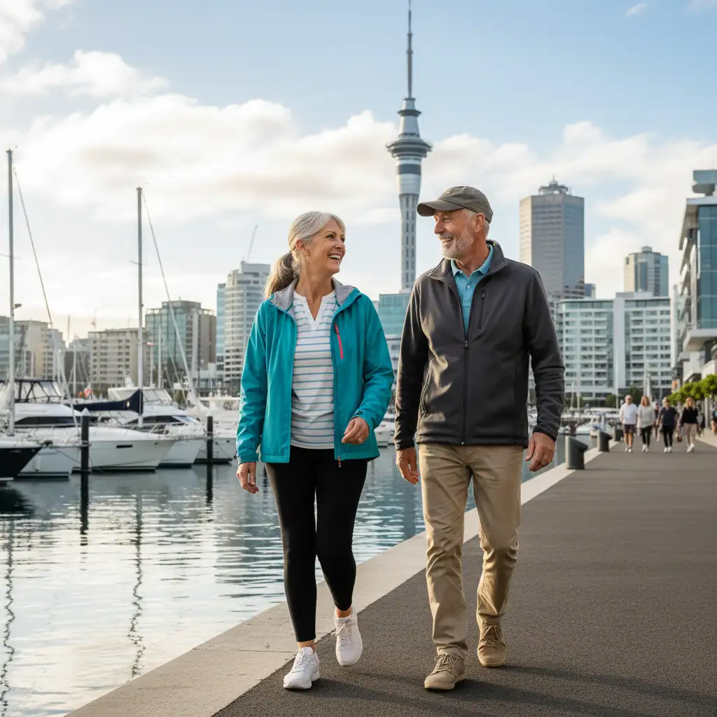 Auckland senior couple enjoying a walk along the waterfront, promoting active aging