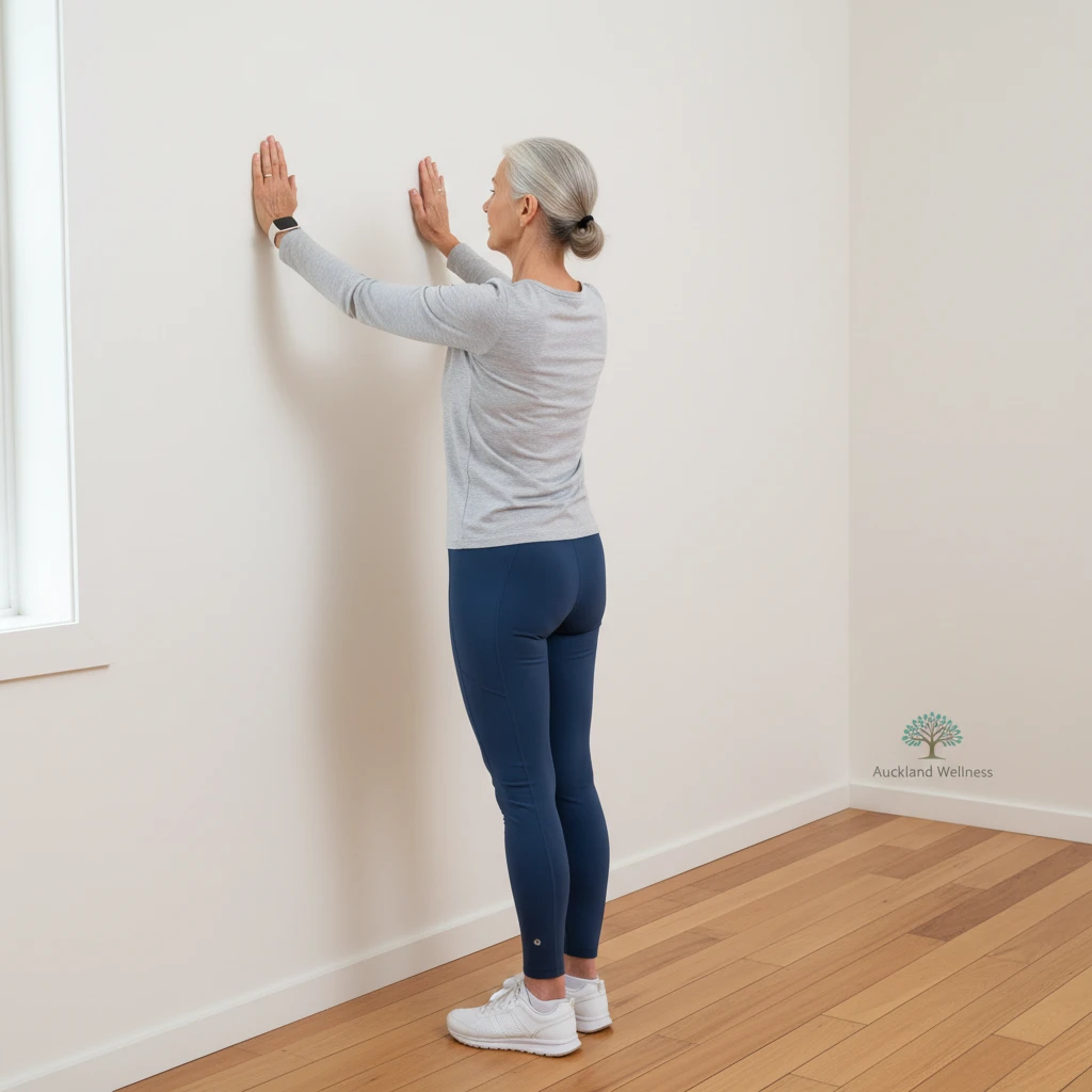 Senior woman doing wall angels for posture