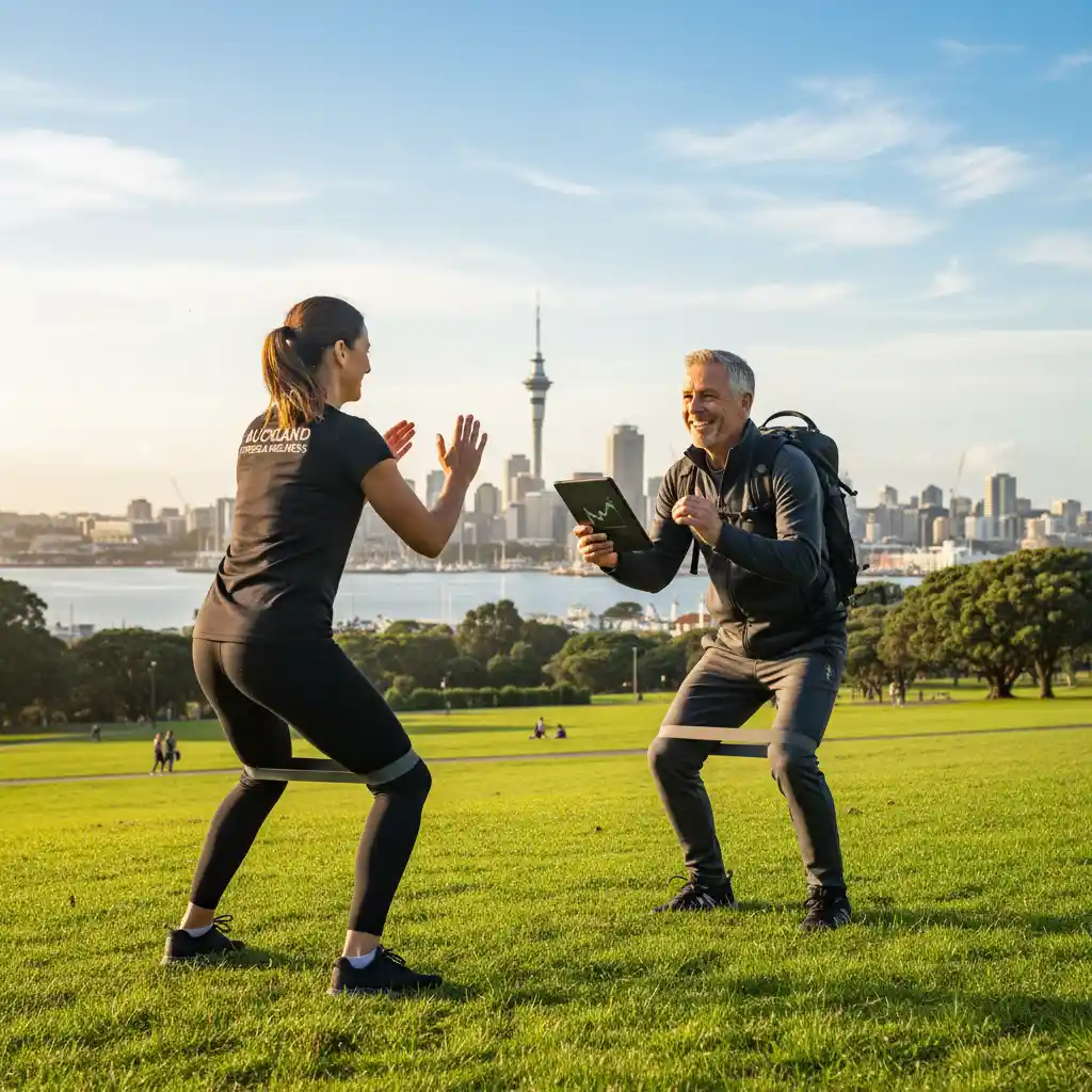 Mobile personal training session in an Auckland park for busy professionals