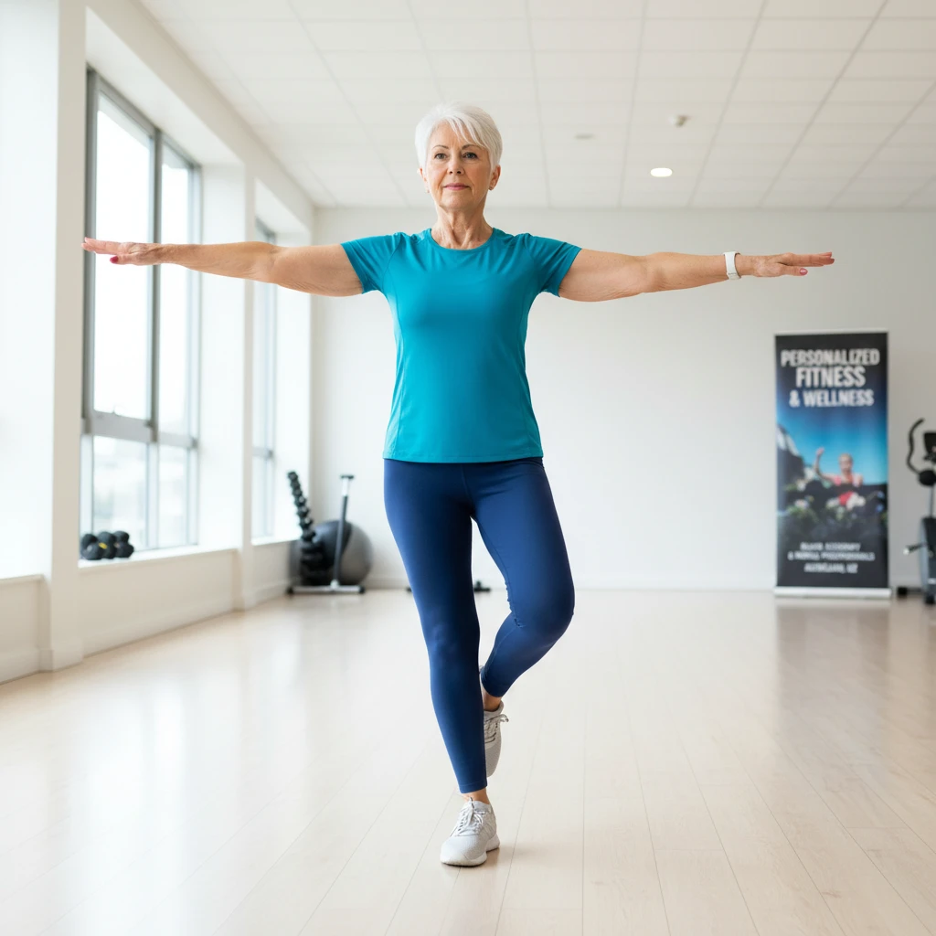 Senior woman demonstrating excellent balance, reducing fall risk with strength training