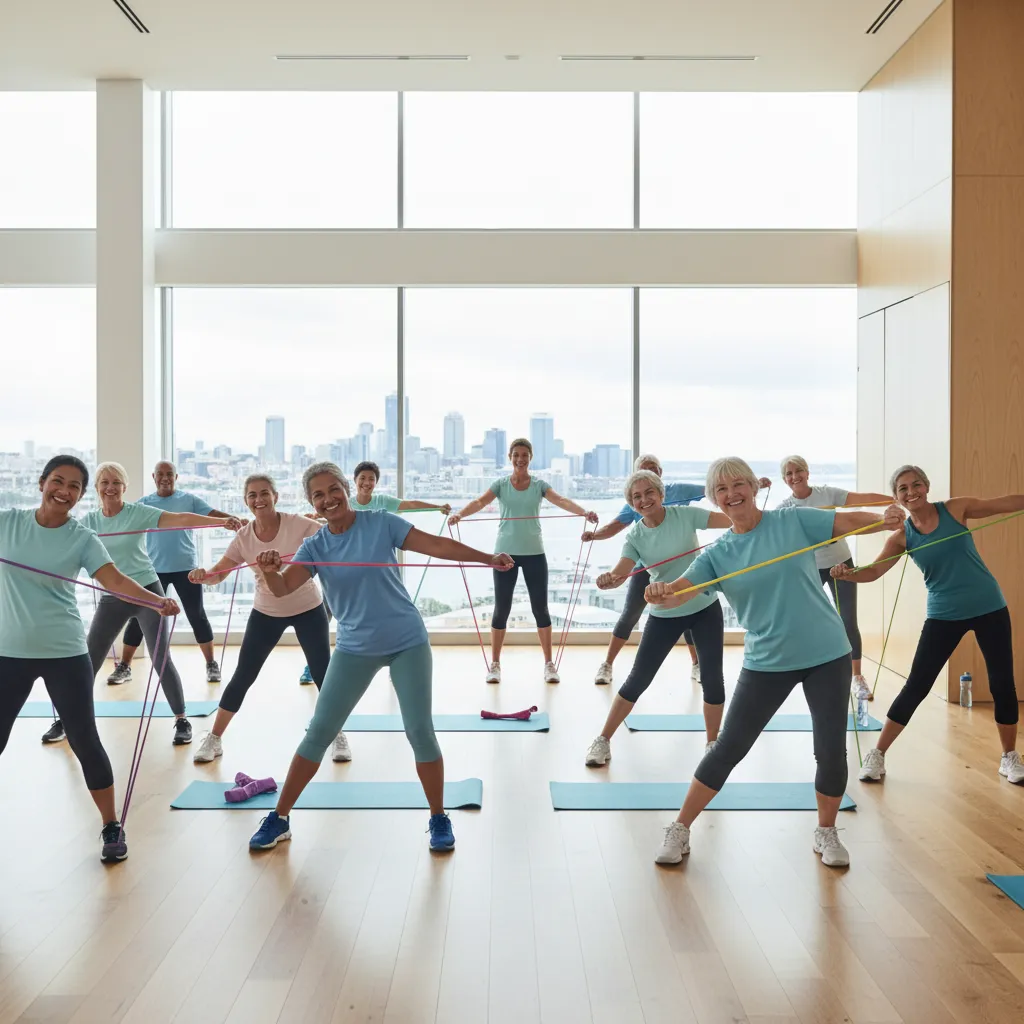 Happy group of seniors engaging in resistance band exercises, benefiting from strength training