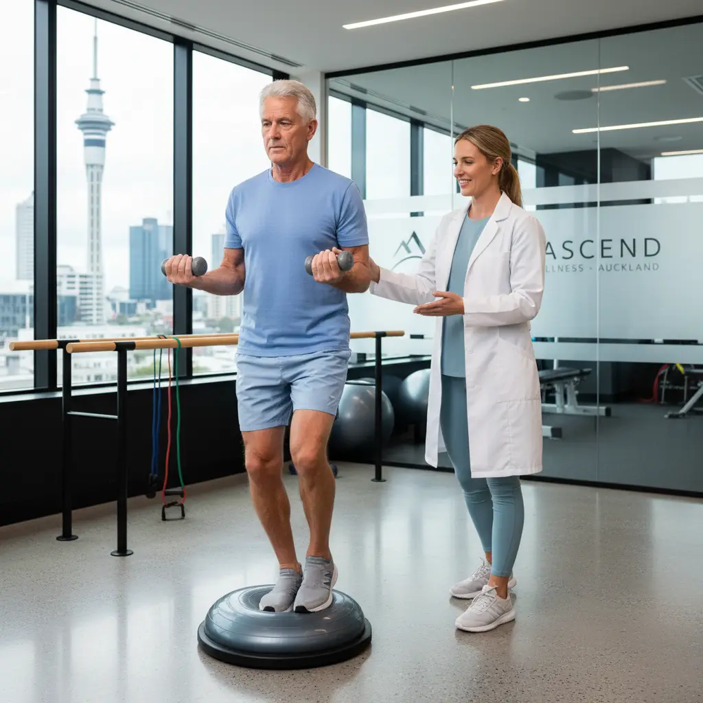 Physiotherapist guiding advanced knee strength training for seniors in Auckland
