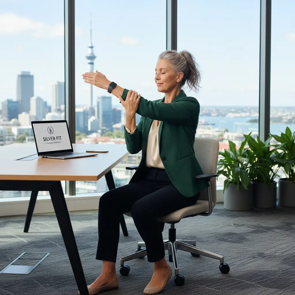 Silver economy professional doing seated 15 minute office workout
