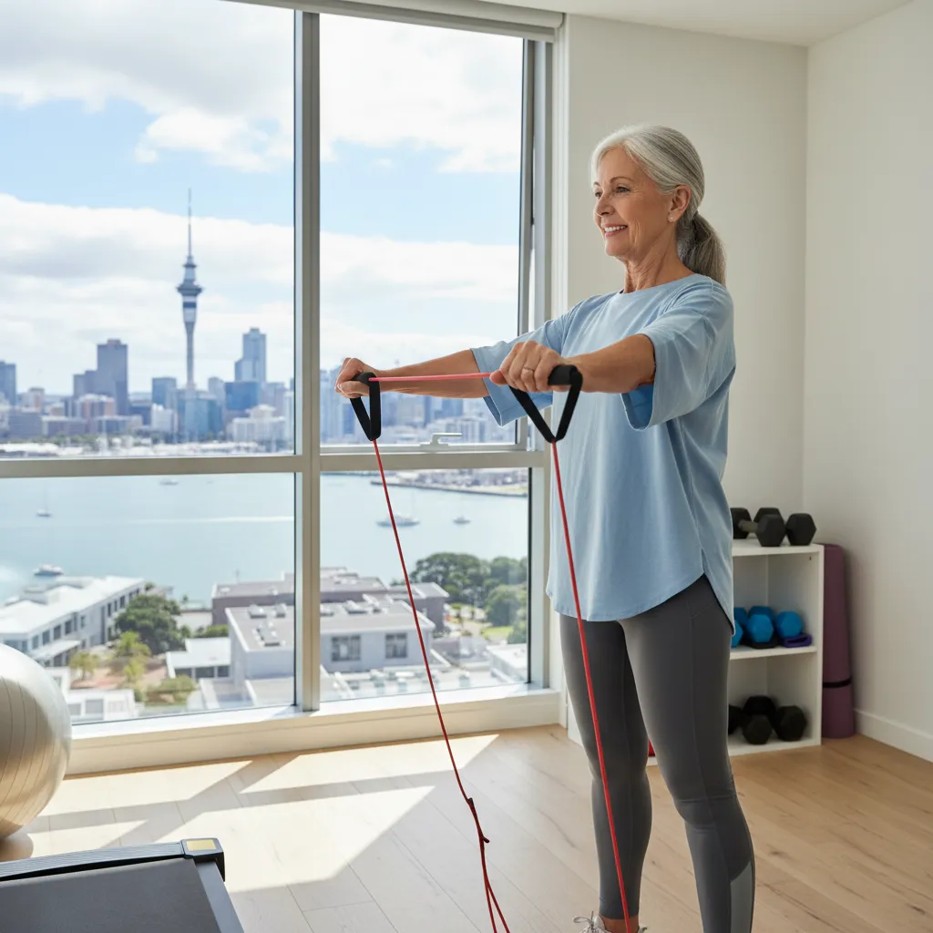 Senior woman using resistance bands in a home gym