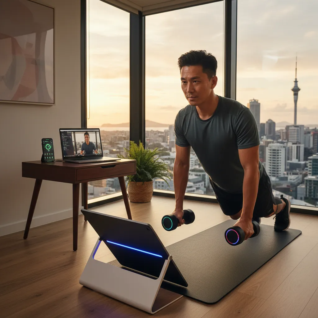 Mobile professional working out in a compact Auckland apartment gym