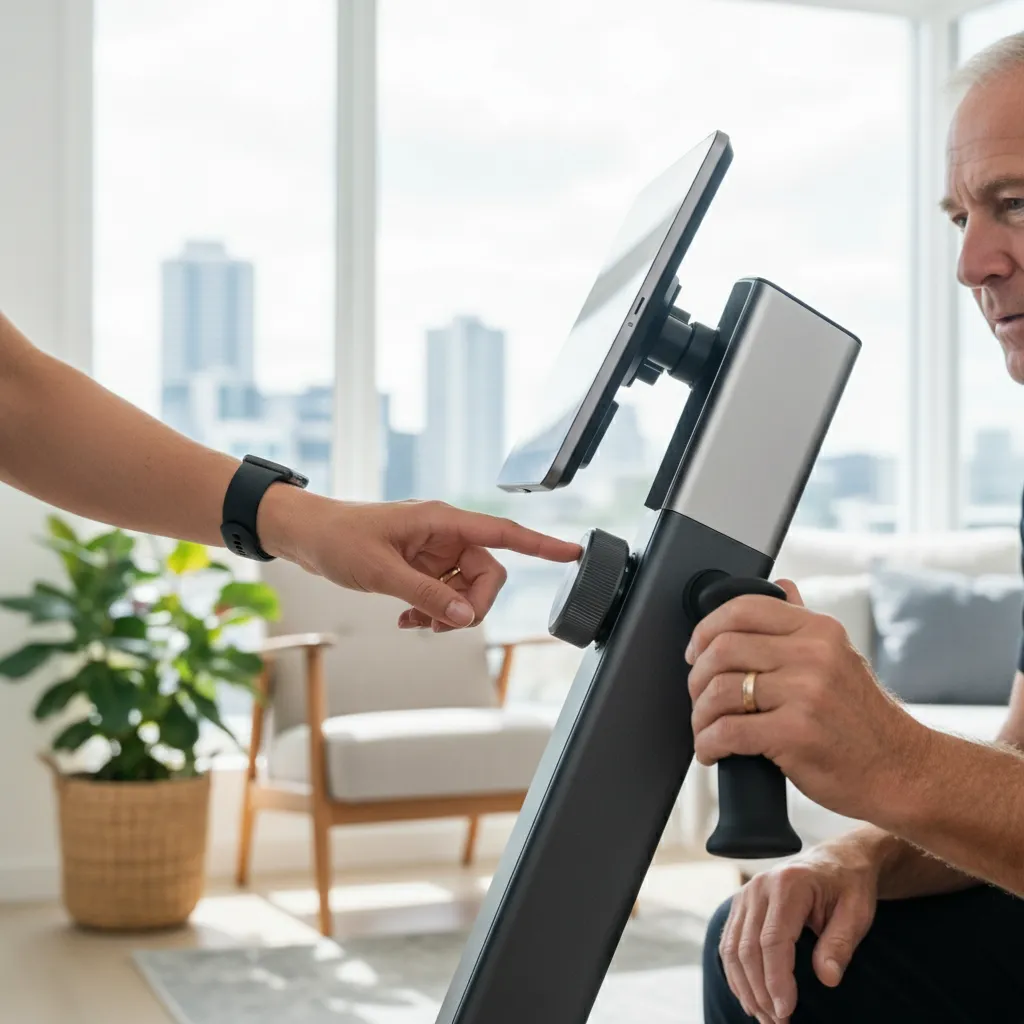 Home gym equipment consultant explaining equipment features