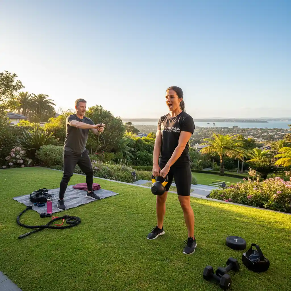 Professional receiving mobile personal training session in Remuera garden