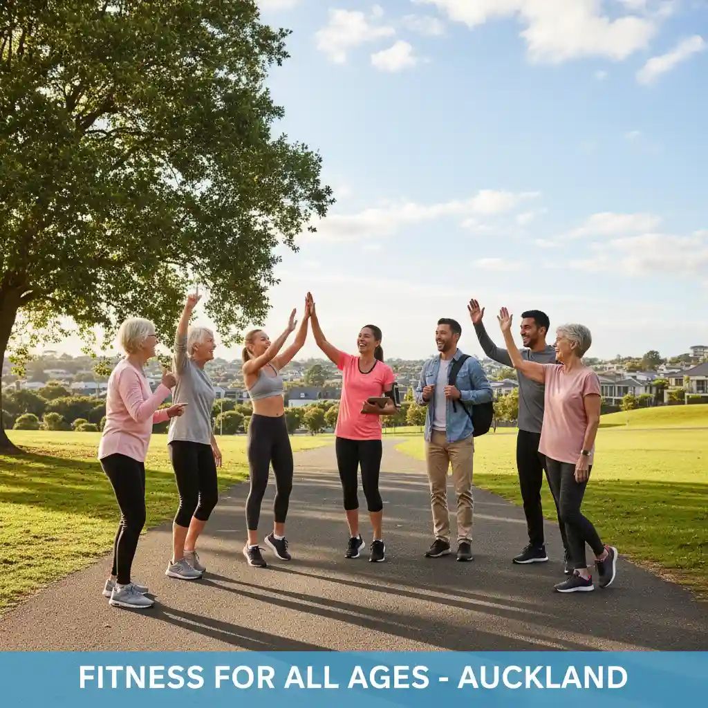 Diverse group celebrating fitness with mobile personal trainer in Remuera park