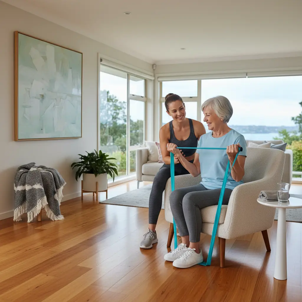 Senior woman exercising with personal trainer in Eastern Bays home