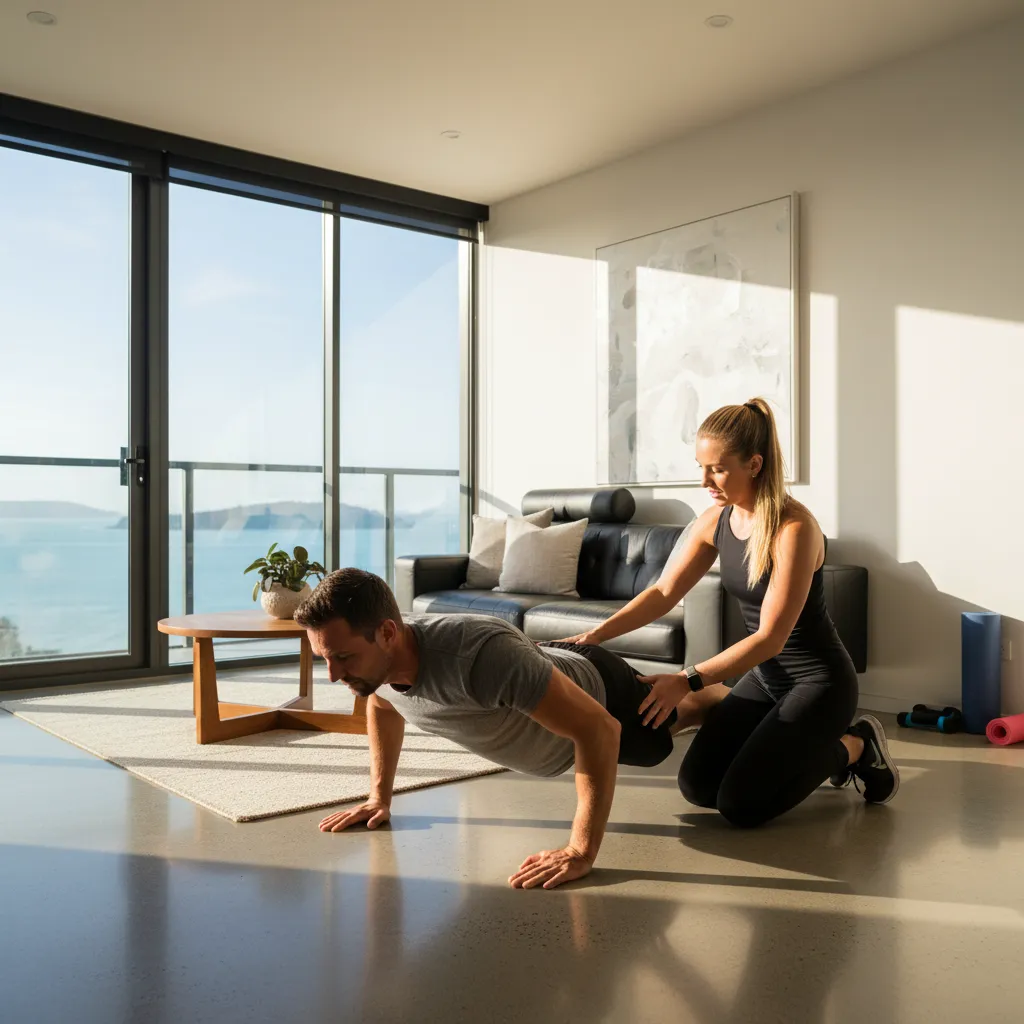 Professional man training at home with personal trainer Eastern Bays