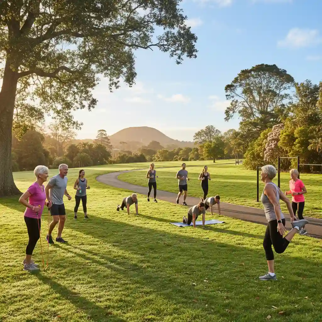People of various ages enjoying Cornwall Park outdoor training in Auckland