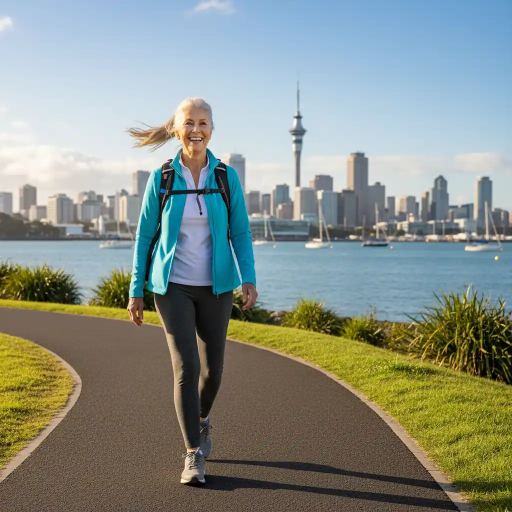 Confident elderly woman walking independently on Auckland waterfront