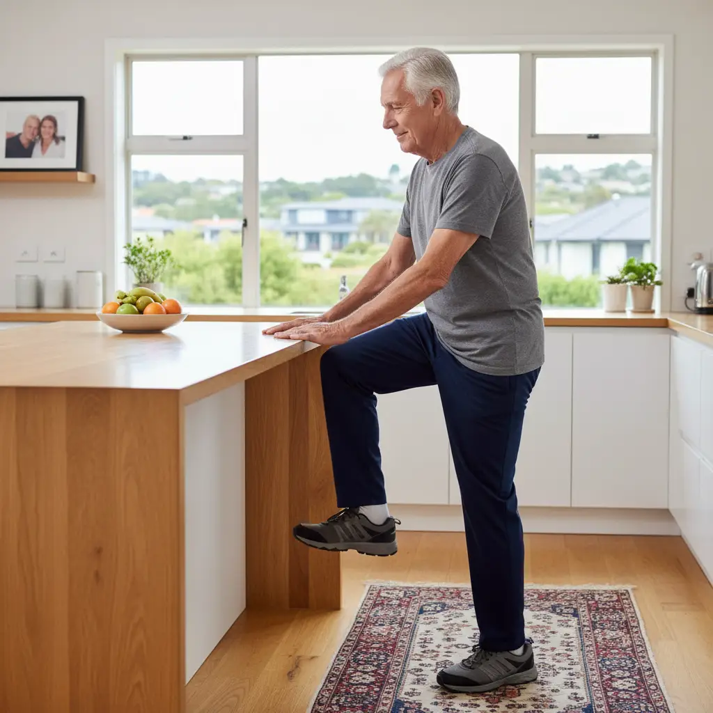 Elderly man doing standing march balance exercise at home