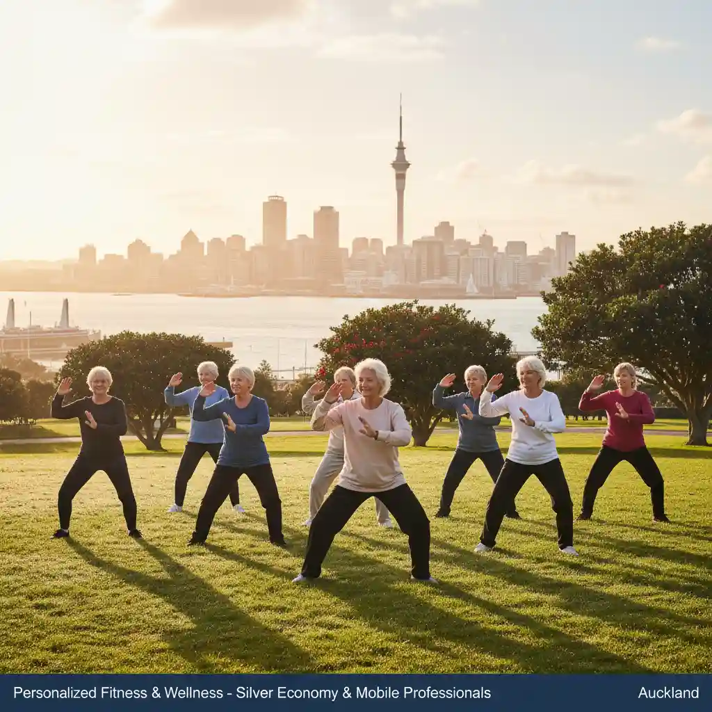 Elderly group enjoying outdoor Tai Chi for balance in Auckland