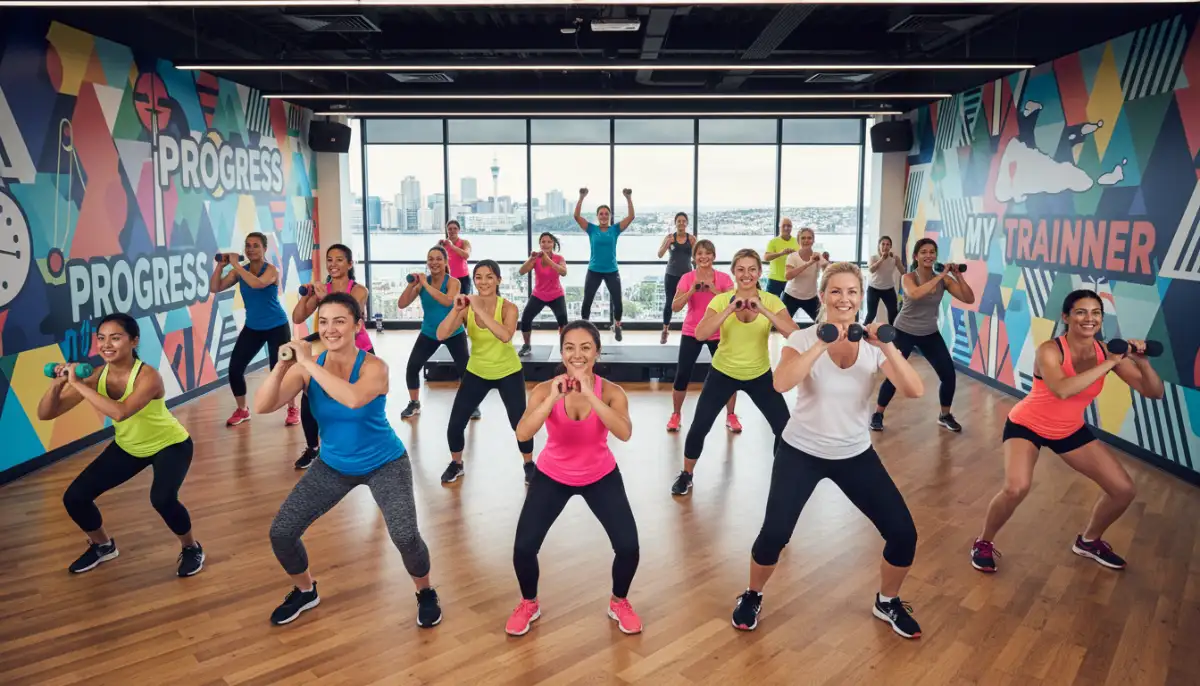 People of different ages and body types enjoying an energetic group fitness class