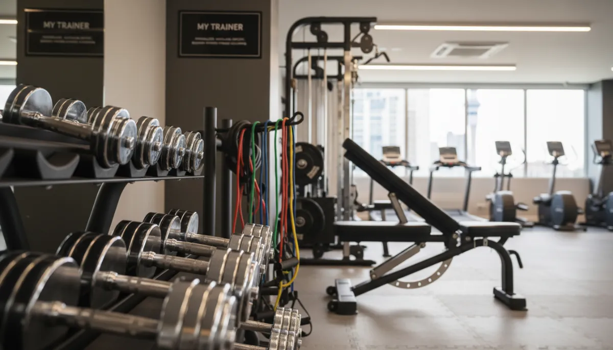 Modern gym equipment including dumbbells and resistance bands