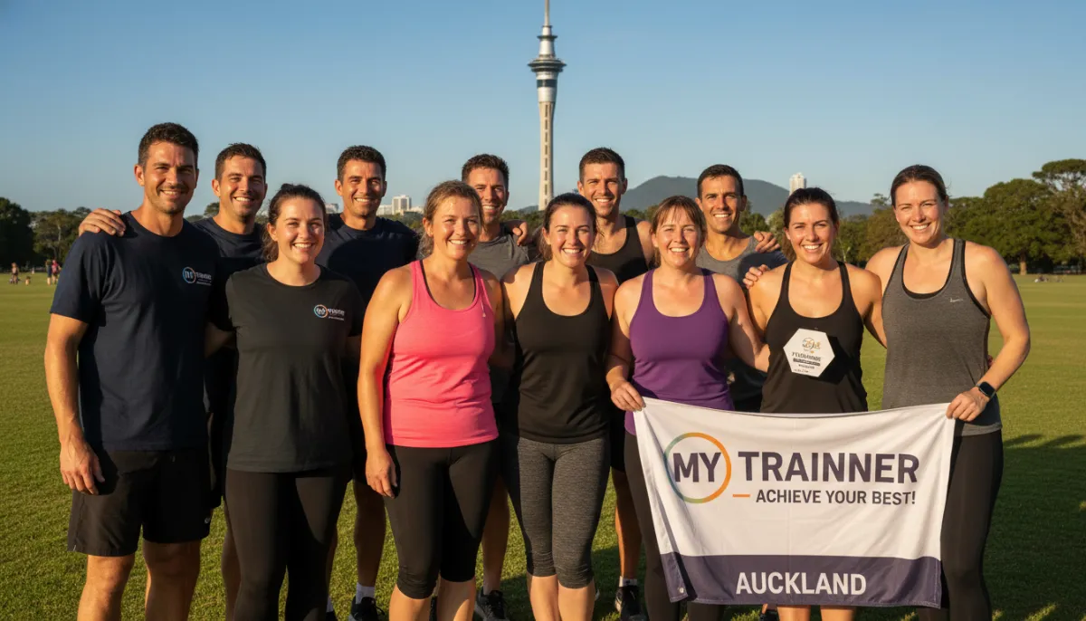 Group of people celebrating fitness success in an Auckland park