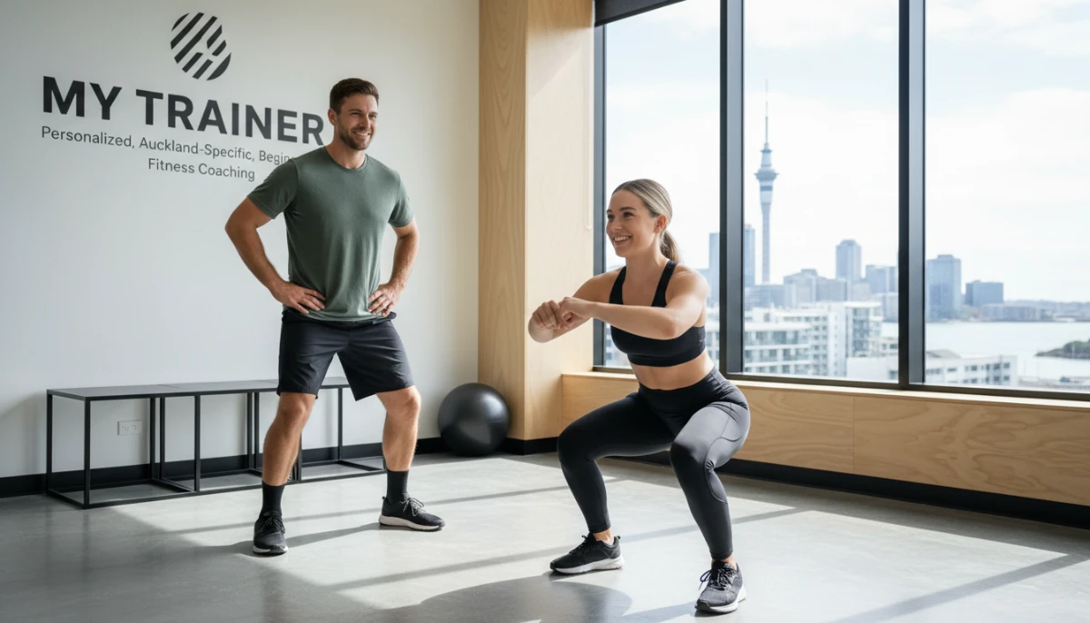 Personal trainer guiding a client through an exercise in an Auckland gym