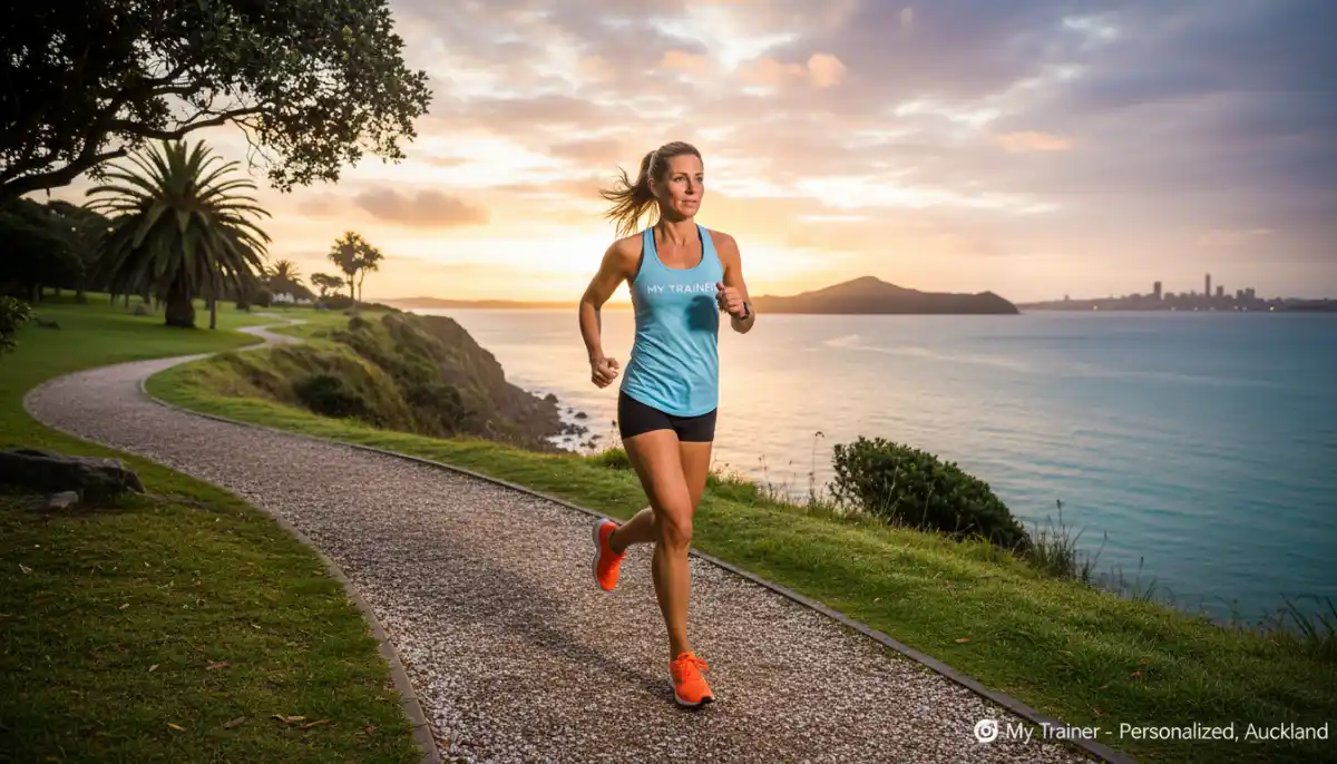 Fit person running on Auckland coastal path at sunrise